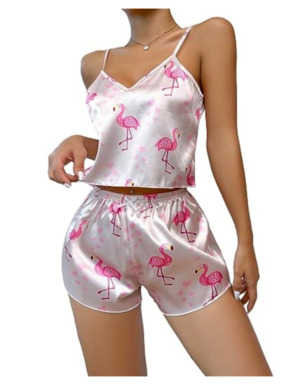 Satin Pajama Set Cute Graphic Camisole Tops Bow Shorts Sleepwear